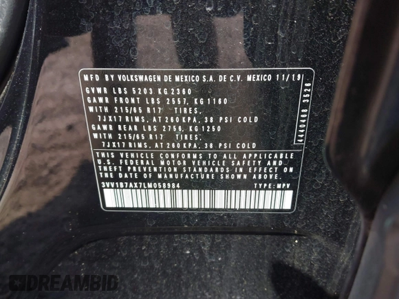 2020 Volkswagen Tiguan S z VIN 3VV1B7AX7LM058984, wystawiony jako IAAI lot #42045211 z przebiegiem 77 293 mil mil oraz . Historia ofert i sprzedaży dostępna na DreamBid. Obrazek 9.