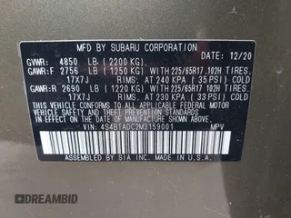 2021 Subaru Outback Premium with VIN 4S4BTADC2M3159001, listed as a IAAI auction lot 42607919 with 60,974 mi miles and . Bid and sale history available at DreamBid. Image 9.