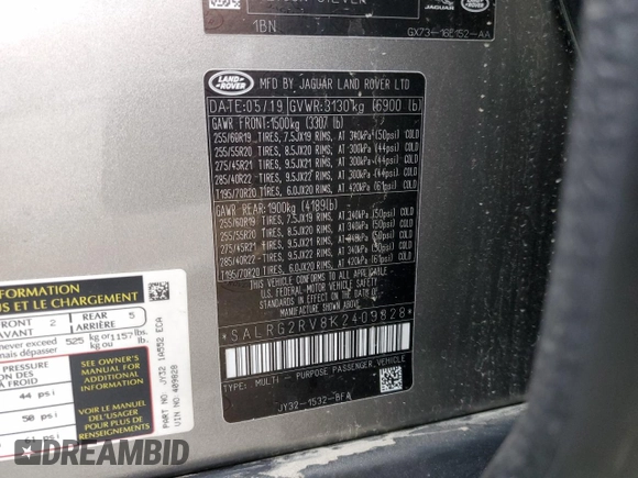 2019 Land Rover Discovery SE with VIN SALRG2RV8K2409828, listed as a Copart auction lot 87003224 with 47,374 mi miles and Salvage Title. Bid and sale history available at DreamBid. Image 13.