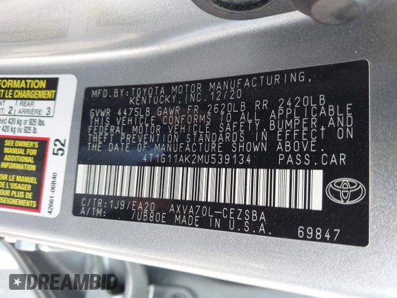 2021 Toyota Camry SE Nightshade with VIN 4T1G11AK2MU539134, listed as a IAAI auction lot 41953365 with 42,350 mi miles and . Bid and sale history available at carsss.com. Image 9.