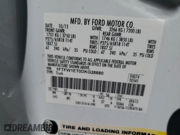 2013 Ford F-150 XL with VIN 1FTFW1ET0DKG28880, listed as a Copart auction lot 52235305 with 229,066 mi miles and Clean Title. Bid and sale history available at carsss.com. Image 12.