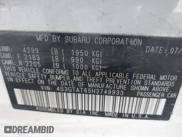 2017 Subaru Impreza Limited with VIN 4S3GTAT65H3749933, listed as a IAAI auction lot 41837667 with 85,036 mi miles and . Bid and sale history available at DreamBid. Image 9.
