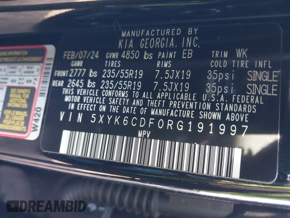 2024 Kia Sportage X-Line with VIN 5XYK6CDF0RG191997, listed as a IAAI auction lot 41612341 with 5,833 mi miles and . Bid and sale history available at carsss.com. Image 9.