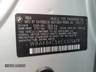 2012 BMW 7 Series 740Li with VIN WBAKB4C5XCC575479, listed as a Copart auction lot 86714504 with 58,585 mi miles and Salvage Title. Bid and sale history available at carsss.com. Image 12.