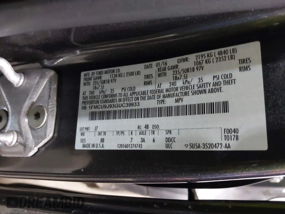 2016 Ford Escape Titanium with VIN 1FMCU9J93GUC39933, listed as a IAAI auction lot 42616323 with 116,482 mi miles and . Bid and sale history available at DreamBid. Image 9.