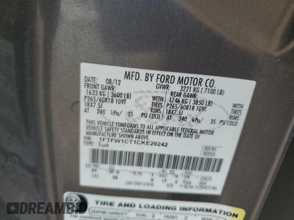 2012 Ford F-150 XL z VIN 1FTFW1CT1CKE29242, wystawiony jako Copart lot #53839565 z przebiegiem 178 154 mil mil oraz Szkody całkowita. Historia ofert i sprzedaży dostępna na DreamBid. Obrazek 12.