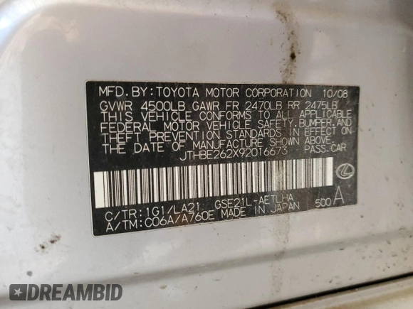 2009 Lexus IS 350 с VIN JTHBE262X92016673, выставлен на аукционе Copart как лот 42265505 с пробегом 219 102 миль миль и Чистый • Clean title. История ставок и продаж доступна на DreamBid. Изображение 12.