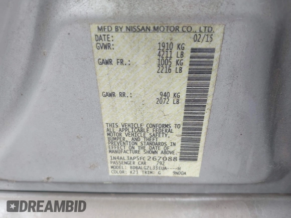 2015 Nissan Altima 2.5 SV with VIN 1N4AL3AP5FC267088, listed as a IAAI auction lot 41914200 with 154,518 mi miles. Bid and sale history available at carsss.com. Image 9.