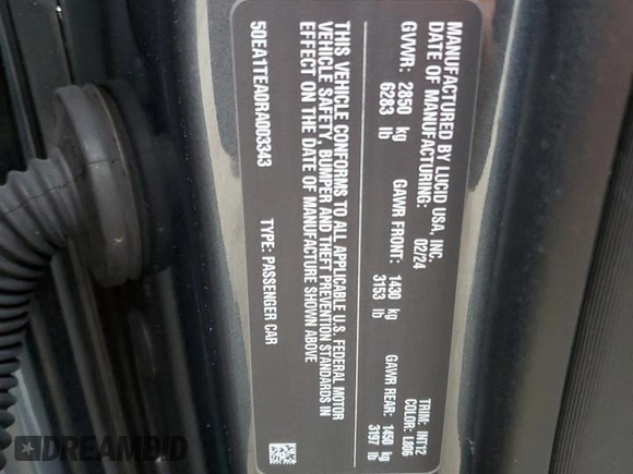 2024 Lucid Air Touring z VIN 50EA1TEA0RA003343, wystawiony jako Copart lot #86323884 z przebiegiem 3630 mil mil oraz Szkody całkowita. Historia ofert i sprzedaży dostępna na DreamBid. Obrazek 13.