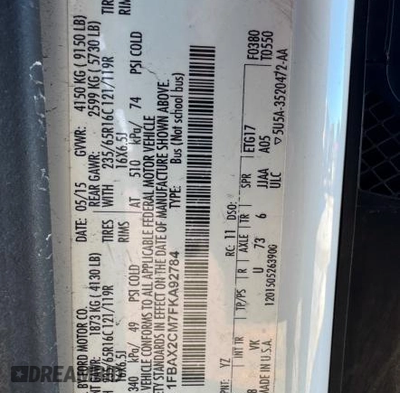 2015 Ford Transit Passenger XL with VIN 1FBAX2CM7FKA92784, listed as a Copart auction lot 46756565 with Not Provided miles and Clean Title. Bid and sale history available at carsss.com. Image 10.
