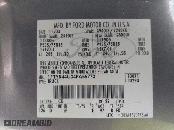 2004 Ford Ranger XL Fleet with VIN 1FTYR44U04PA56773, listed as a IAAI auction lot 42292209 with Not provided miles and . Bid and sale history available at DreamBid. Image 9.