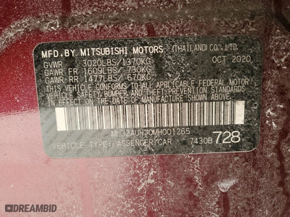 2021 Mitsubishi Mirage ES with VIN ML32AUHJ0MH001265, listed as a Copart auction lot 47211435 with 72266 miles and Non Repairable. Bid and sale history available at carsss.com. Image 12.