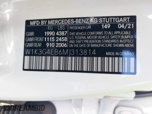 2021 Mercedes-Benz A 220 with VIN W1K3G4EB6MJ313814, listed as a IAAI auction lot 40963795 with 75,667 mi miles and . Bid and sale history available at DreamBid. Image 9.