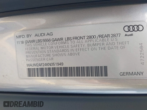 2019 Audi A6 Prestige with VIN WAUM2AF24KN051949, listed as a IAAI auction lot 42476474 with 67,530 mi miles and . Bid and sale history available at DreamBid. Image 9.