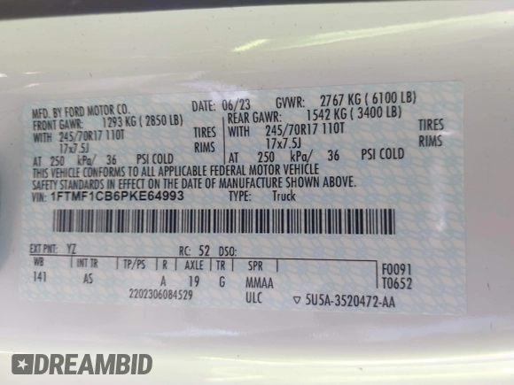 2023 Ford F-150 XL with VIN 1FTMF1CB6PKE64993, listed as a IAAI auction lot 42887730 with 41,376 mi miles and . Bid and sale history available at DreamBid. Image 9.