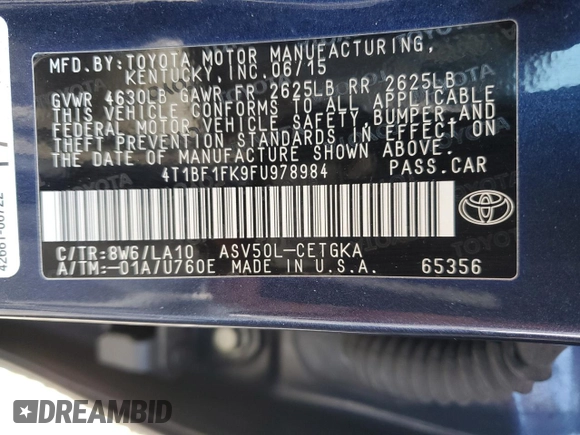 2015 Toyota Camry XLE with VIN 4T1BF1FK9FU978984, listed as a Copart auction lot 48660865 with 77,564 mi miles and Clean Title. Bid and sale history available at DreamBid. Image 12.