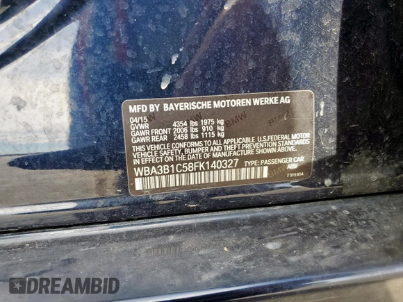 2015 BMW 3 Series 320i with VIN WBA3B1C58FK140327, listed as a Copart auction lot 57999675 with 124,437 mi miles and Salvage title. Bid and sale history available at DreamBid. Image 12.