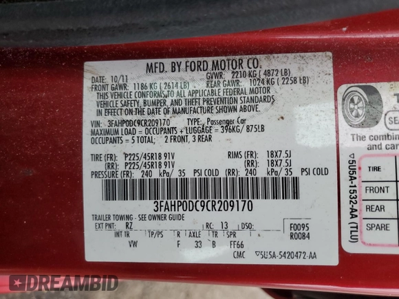 2012 Ford Fusion SPORT with VIN 3FAHP0DC9CR209170, listed as a Copart auction lot 52557335 with 139,723 mi miles and Salvage Title. Bid and sale history available at carsss.com. Image 12.