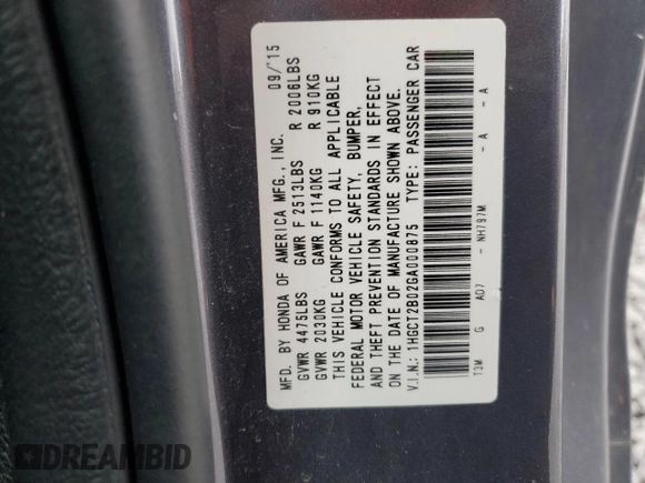 2016 Honda Accord Touring with VIN 1HGCT2B02GA000875, listed as a Copart auction lot 47552255 with 104,875 mi miles and Salvage Title. Bid and sale history available at DreamBid. Image 12.