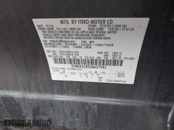 2016 Ford Flex SEL z VIN 2FMGK5C82GBA21945, wystawiony jako IAAI lot #42206498 z przebiegiem 141 320 mil mil oraz . Historia ofert i sprzedaży dostępna na DreamBid. Obrazek 9.