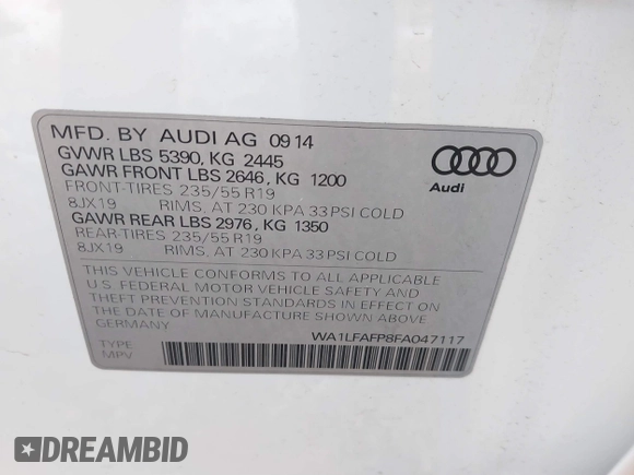 2015 Audi Q5 Premium Plus with VIN WA1LFAFP8FA047117, listed as a IAAI auction lot 41634963 with 104,592 mi miles and . Bid and sale history available at DreamBid. Image 9.