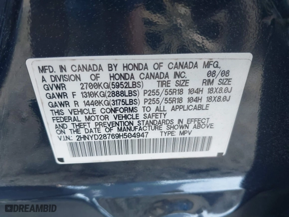2009 Acura MDX Sport/Pwr Tail Gate with VIN 2HNYD28769H504947, listed as a IAAI auction lot 41953558 with 265,294 mi miles. Bid and sale history available at carsss.com. Image 9.