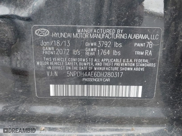 2013 Hyundai Elantra Limited PZEV with VIN 5NPDH4AE6DH280317, listed as a IAAI auction lot 42070870 with 107,063 mi miles. Bid and sale history available at carsss.com. Image 9.