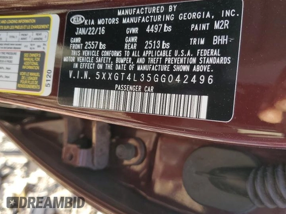 2016 Kia Optima LX z VIN 5XXGT4L35GG042496, wystawiony jako Copart lot #53816495 z przebiegiem 77 924 mil mil oraz Szkoda całkowita • Salvage title. Historia ofert i sprzedaży dostępna na DreamBid. Obrazek 12.