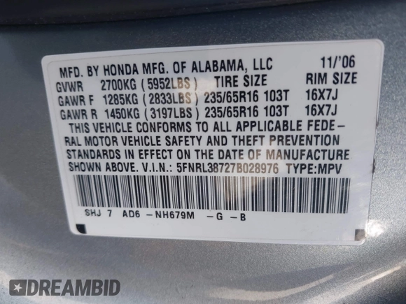 2007 Honda Odyssey EX-L with VIN 5FNRL38727B028976, listed as a IAAI auction lot 42138341 with 169,936 mi miles. Bid and sale history available at carsss.com. Image 9.