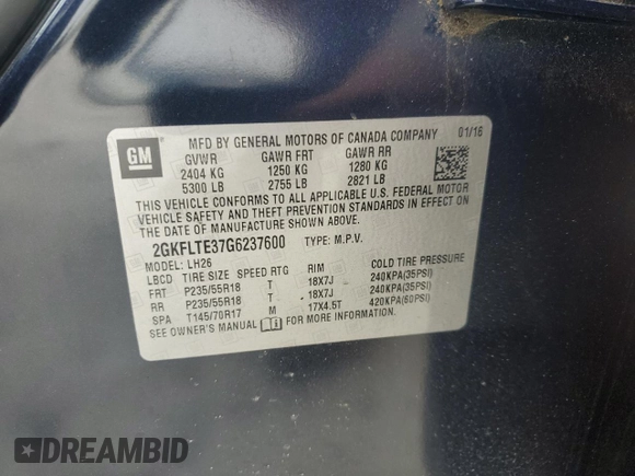 2016 GMC Terrain SLE with VIN 2GKFLTE37G6237600, listed as a Copart auction lot 89332895 with 97,143 mi miles and Salvage Title. Bid and sale history available at DreamBid. Image 13.