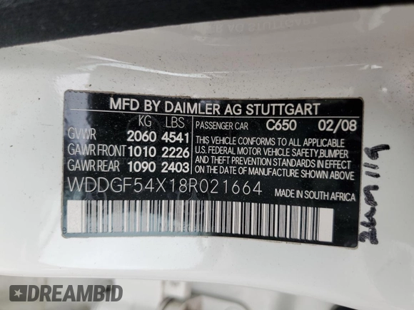 2008 Mercedes-Benz C 300 Sport with VIN WDDGF54X18R021664, listed as a Copart auction lot 56033475 with 297,036 mi miles and Salvage title. Bid and sale history available at DreamBid. Image 12.