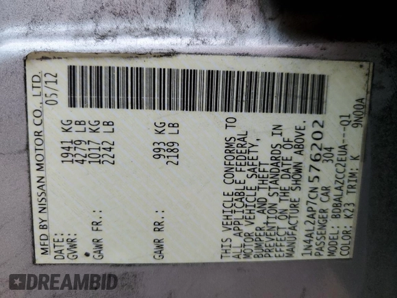 2012 Nissan Altima 2.5 with VIN 1N4AL2AP7CN576202, listed as a Copart auction lot 54230355 with 152,619 mi miles and Salvage Title. Bid and sale history available at DreamBid. Image 13.