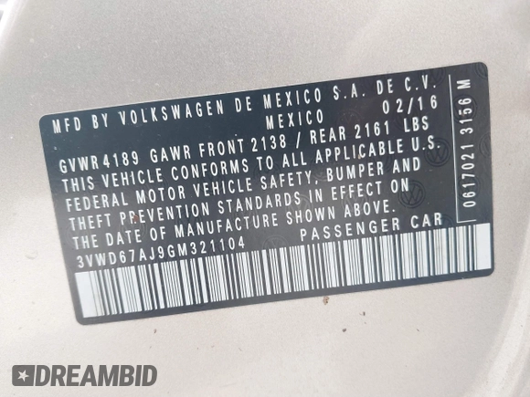 2016 Volkswagen Jetta Sedan 1.4T SE with VIN 3VWD67AJ9GM321104, listed as a IAAI auction lot 40633152 with 126,335 mi miles. Bid and sale history available at carsss.com. Image 9.
