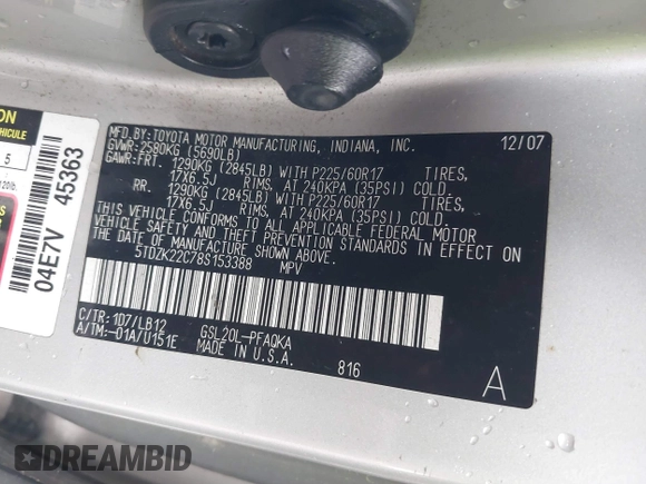 2008 Toyota Sienna XLE with VIN 5TDZK22C78S153388, listed as a IAAI auction lot 41861551 with 227,082 mi miles and . Bid and sale history available at DreamBid. Image 9.