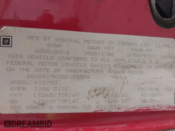 1995 Chevrolet Silverado 1500 with VIN 2GCEK19KXS1125508, listed as a IAAI auction lot 42058195 with 256,480 mi miles and . Bid and sale history available at DreamBid. Image 9.
