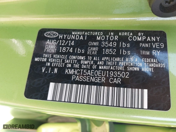 2014 Hyundai Accent GS with VIN KMHCT5AE0EU193502, listed as a IAAI auction lot 42036656 with 114,136 mi miles. Bid and sale history available at carsss.com. Image 9.