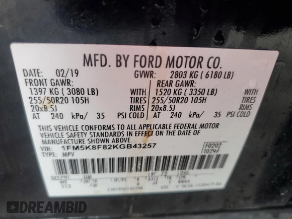 2019 Ford Explorer Limited z VIN 1FM5K8F82KGB43257, wystawiony jako Copart lot #56114135 z przebiegiem 82 119 mil mil oraz Szkoda całkowita • Salvage title. Historia ofert i sprzedaży dostępna na DreamBid. Obrazek 13.