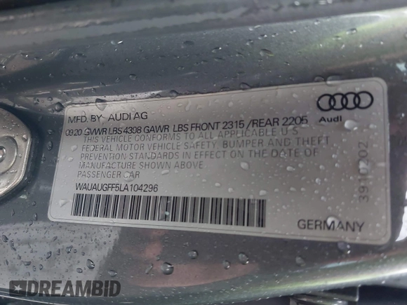 2020 Audi A3 Sedan Premium with VIN WAUAUGFF5LA104296, listed as a IAAI auction lot 41629104 with 60,474 mi miles. Bid and sale history available at carsss.com. Image 9.