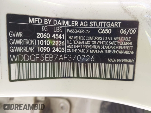 2010 Mercedes-Benz C 300 Sport with VIN WDDGF5EB7AF370726, listed as a IAAI auction lot 42582093 with 136,714 mi miles and . Bid and sale history available at DreamBid. Image 9.