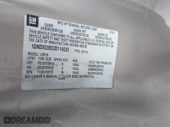 2002 Chevrolet Venture Plus 1SB с VIN 1GNDX03E02D114023, выставлен на аукционе IAAI как лот 40679342 с пробегом Не указан миль и . История ставок и продаж доступна на DreamBid. Изображение 9.