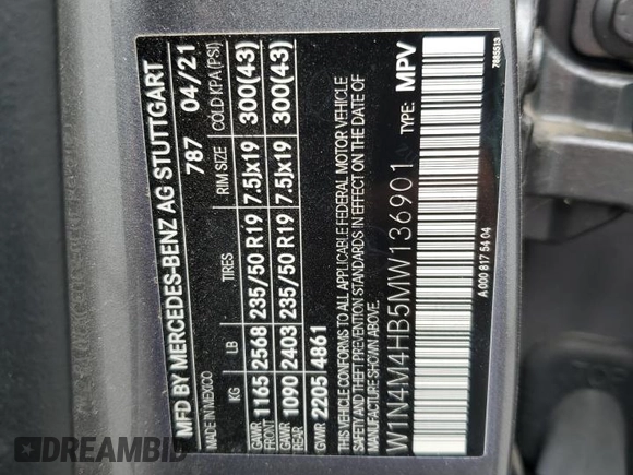 2021 Mercedes-Benz GLB 250 z VIN W1N4M4HB5MW136901, wystawiony jako Copart lot #48543135 z przebiegiem Nie podano mil oraz Szkoda całkowita • Salvage title. Historia ofert i sprzedaży dostępna na DreamBid. Obrazek 13.