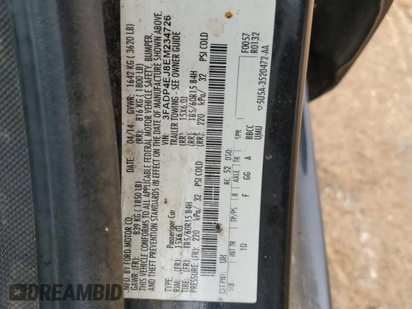 2014 Ford Fiesta SE with VIN 3FADP4EJ8EM234726, listed as a Copart auction lot 54417975 with 173,657 mi miles and Clean Title. Bid and sale history available at DreamBid. Image 12.