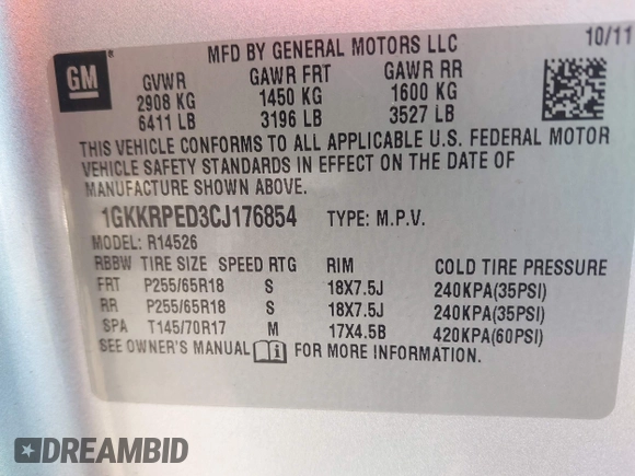 2012 GMC Acadia SLE with VIN 1GKKRPED3CJ176854, listed as a IAAI auction lot 42090188 with 145,612 mi miles. Bid and sale history available at carsss.com. Image 9.