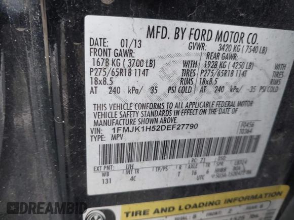 2013 Ford Expedition Max XLT with VIN 1FMJK1H52DEF27790, listed as a IAAI auction lot 41903546 with 212,276 mi miles and . Bid and sale history available at DreamBid. Image 9.