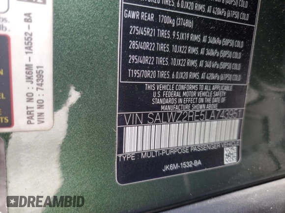 2020 Land Rover Range Rover Sport SVR z VIN SALWZ2RE5LA743951, wystawiony jako Copart lot #54134265 z przebiegiem 124 183 mil mil oraz Nie do naprawy • Non repairable. Historia ofert i sprzedaży dostępna na DreamBid. Obrazek 14.