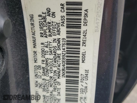 2009 Toyota Corolla with VIN 1NXBU40E89Z147619, listed as a Copart auction lot 53291535 with 196,840 mi miles and Salvage Title. Bid and sale history available at carsss.com. Image 14.
