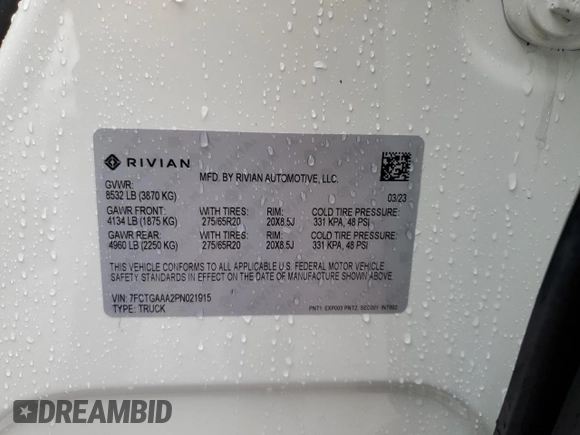 2023 Rivian R1T Adventure with VIN 7FCTGAAA2PN021915, listed as a Copart auction lot 46351415 with Not Provided miles and Non Repairable. Bid and sale history available at carsss.com. Image 13.