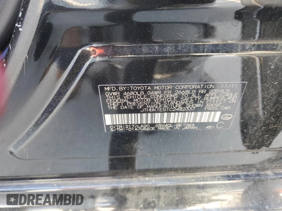2012 Lexus ES 330 with VIN JTHBK1EG1C2482337, listed as a Copart auction lot 53808595 with 197,267 mi miles and Salvage title. Bid and sale history available at DreamBid. Image 13.