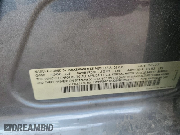 2008 Volkswagen Jetta SE z VIN 3VWRM71K08M099347, wystawiony jako Copart lot #57061795 z przebiegiem 129 225 mil mil oraz Szkoda całkowita • Salvage title. Historia ofert i sprzedaży dostępna na DreamBid. Obrazek 12.