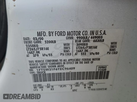 2000 Ford F-350 XL with VIN 1FTSW31F6YEC96409, listed as a Copart auction lot 42994345 with 334,310 mi miles and Salvage title. Bid and sale history available at DreamBid. Image 15.